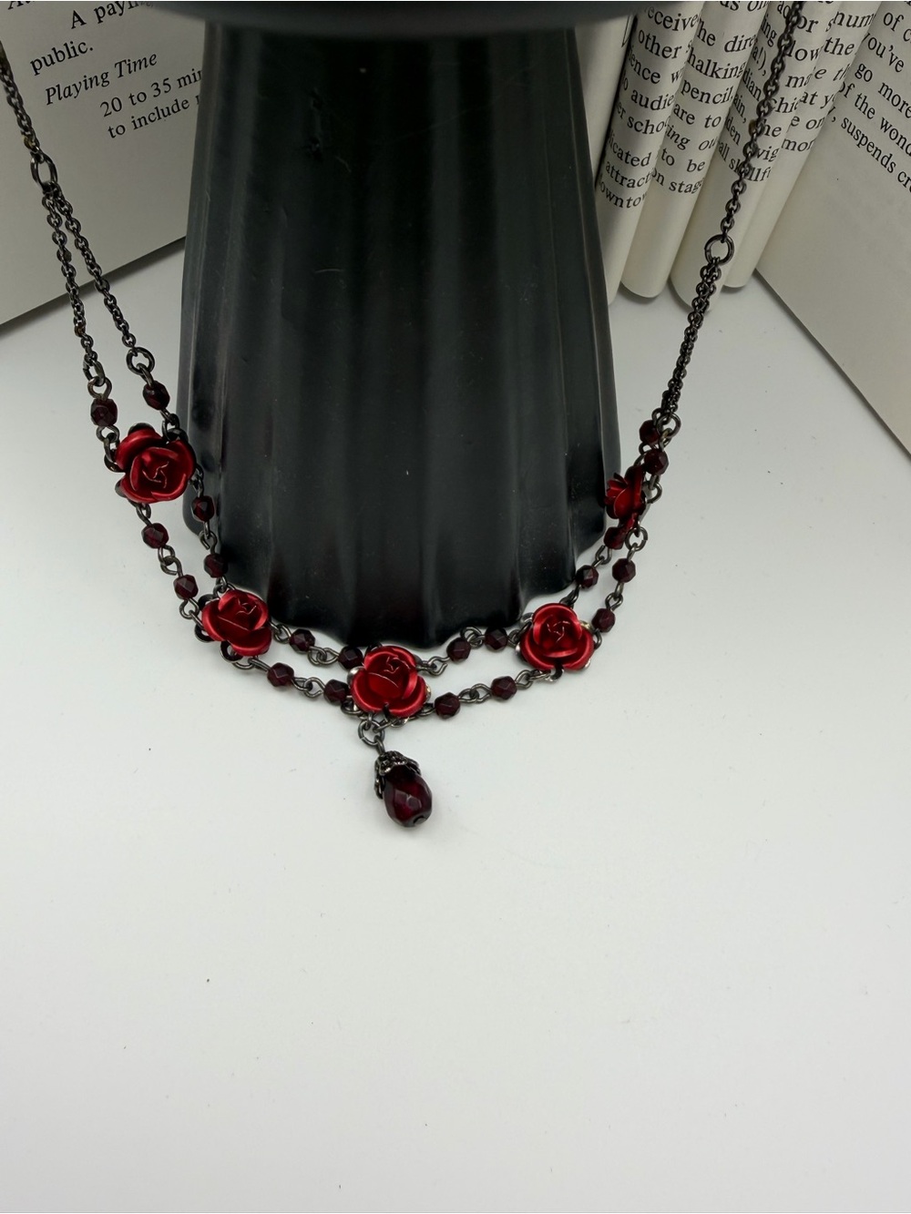 Vintage Red Rose Multi-Strand Necklace with Pendant